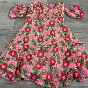 For Love And Lemons Pink and red embroidery flower off the shoulder dress